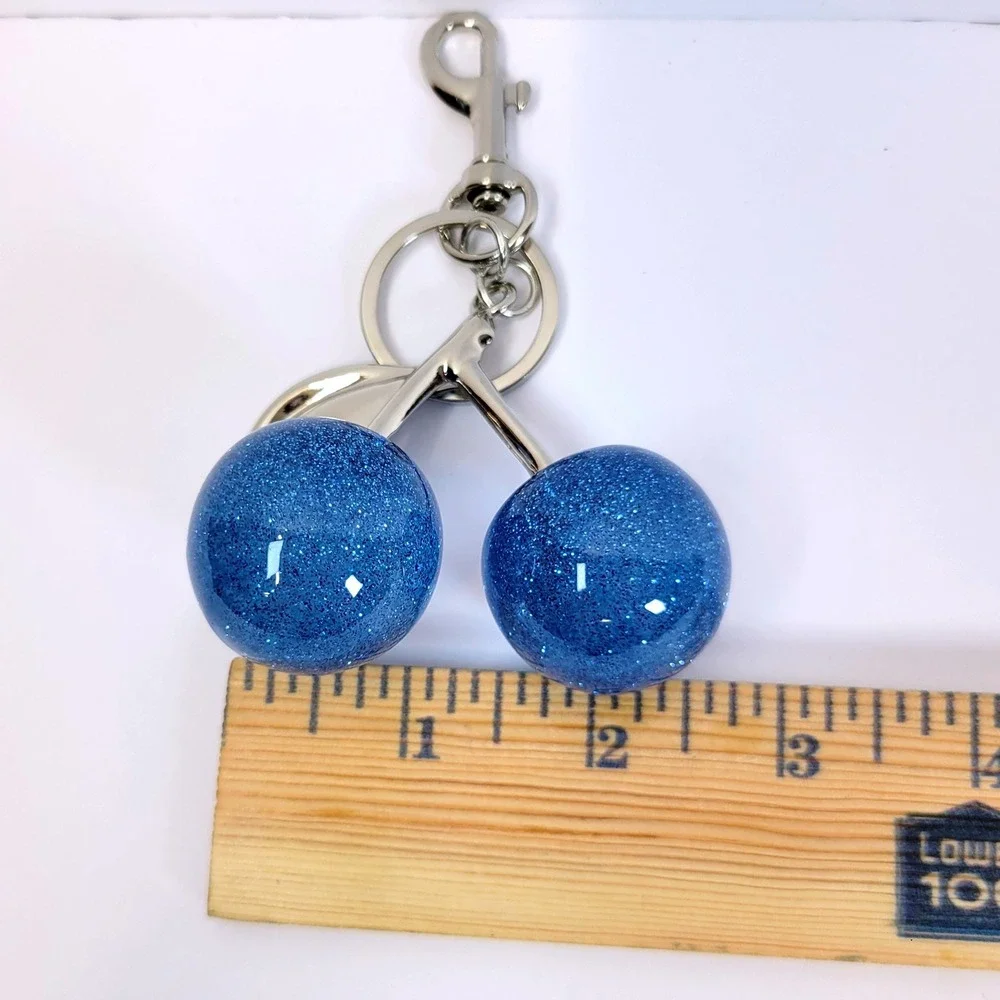 Bag Charm Keychain Glitter Resin Double Cherry Blue Women Retro Whimsical